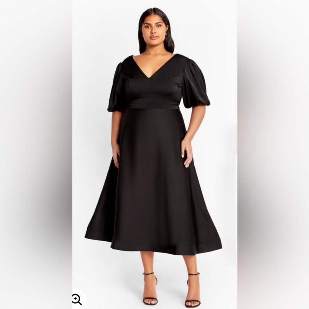 City Chic Womens Plus Size 18 Lula Midi Dress Black NWT Puff Sleeve Fit &‎ Flare